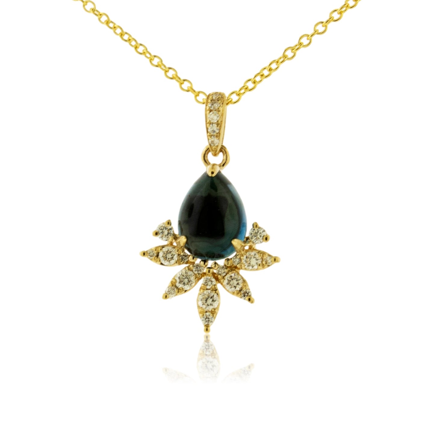 Blue Topaz Cabochon & Diamond Burst Halo Pendant - Park City Jewelers