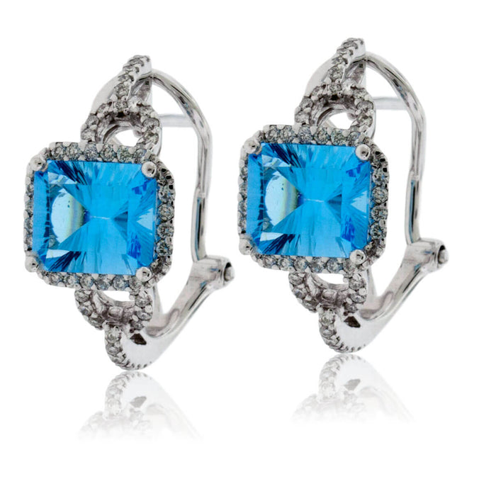 Blue Topaz & Diamond Halo Sideways Earrings - Park City Jewelers