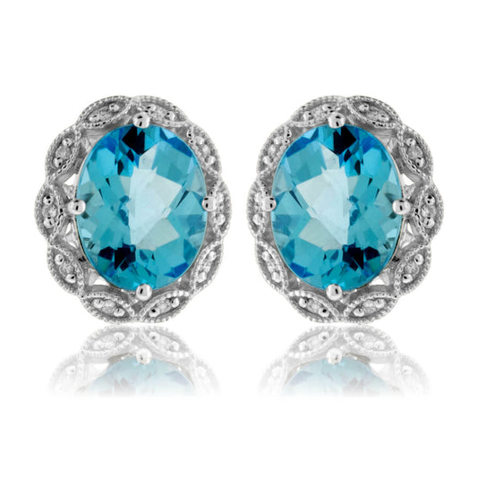 Blue Topaz Oval & Diamond Scalloped Halo Earrings - Park City Jewelers