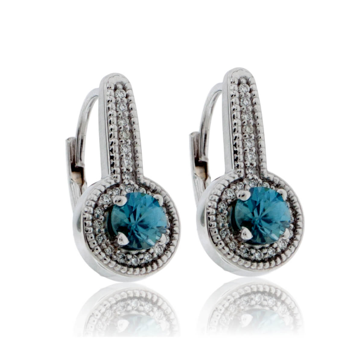 Blue Zircon Dangle Earrings with Diamond Drop & Halo - Park City Jewelers