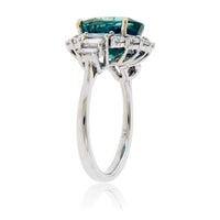 Blue Zircon, Diamond Halo and Baguette Diamond Accented Ring - Park City Jewelers