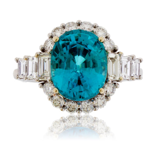 Blue Zircon, Diamond Halo and Baguette Diamond Accented Ring - Park City Jewelers