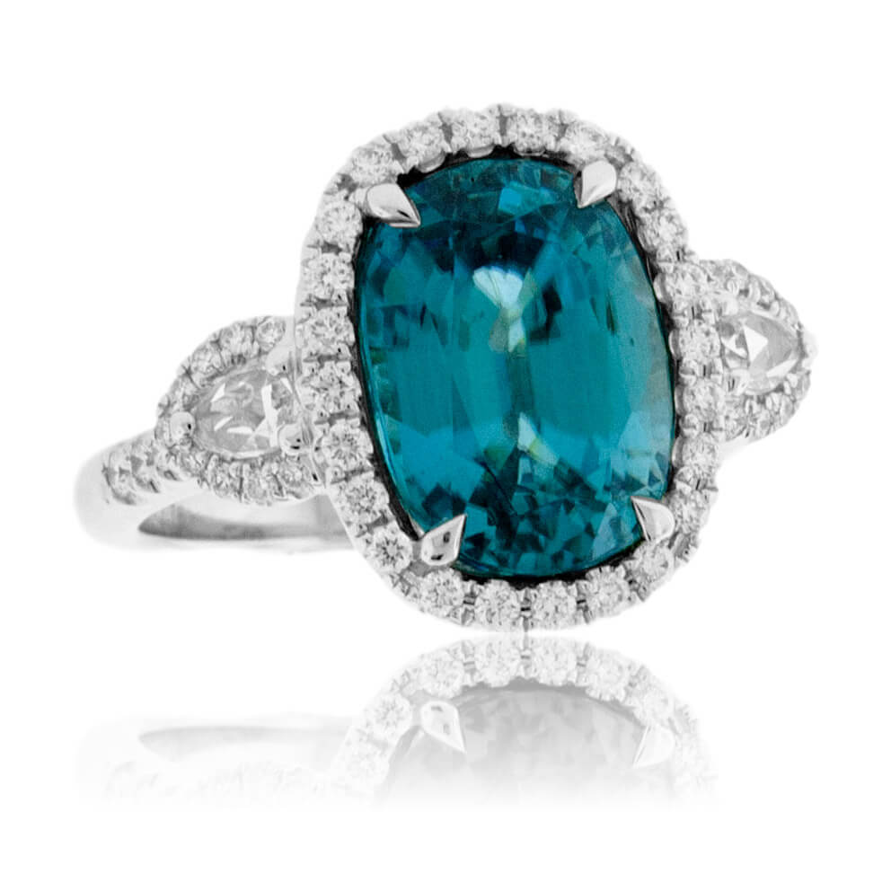 Blue Zircon & Diamond Halo Three Stone Ring - Park City Jewelers