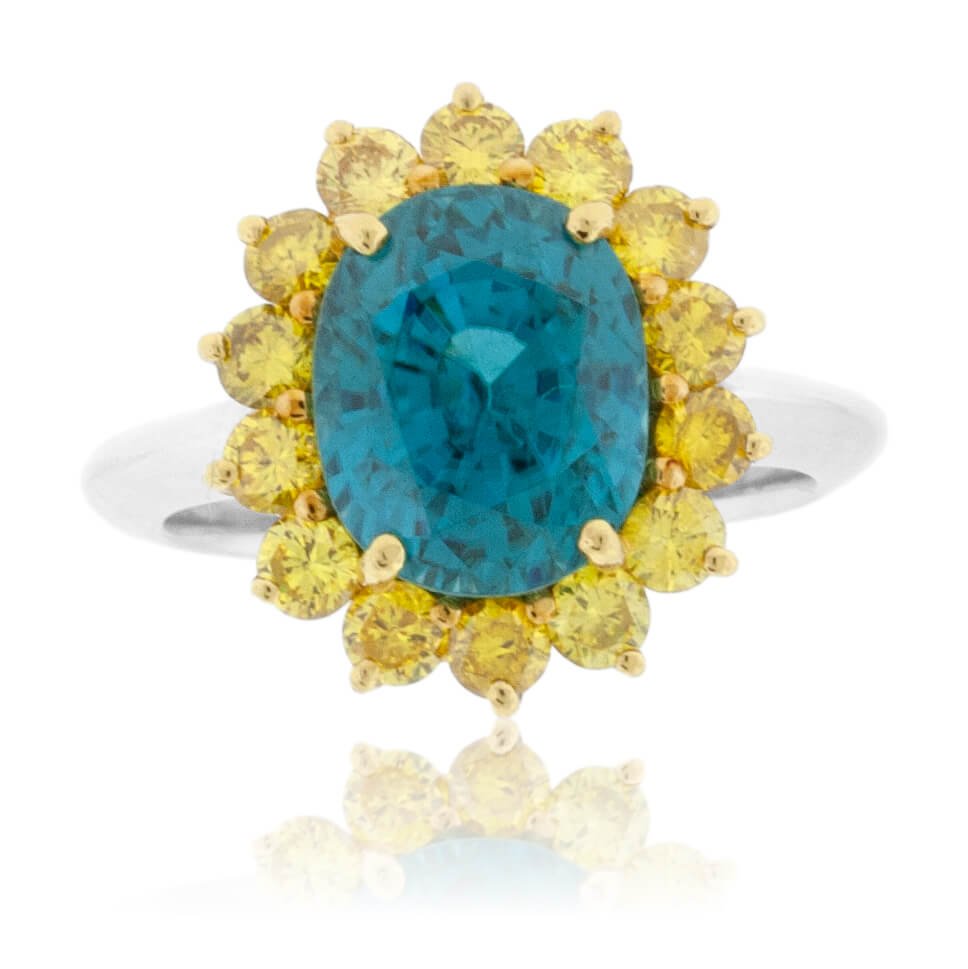 Blue Zircon Halo and Yellow Diamond Halo Style Ring - Park City Jewelers