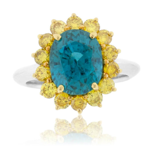 Blue Zircon Halo and Yellow Diamond Halo Style Ring - Park City Jewelers