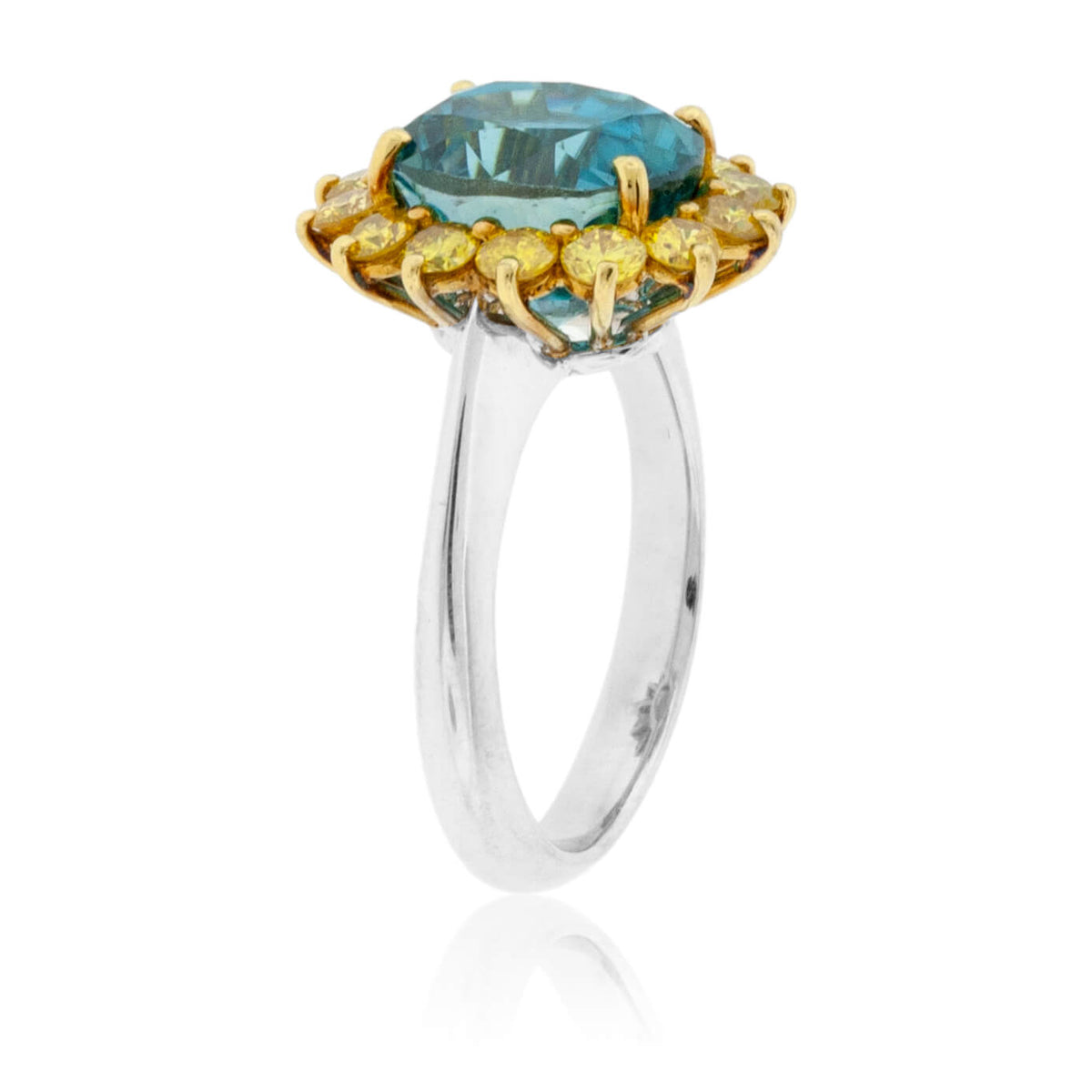 Blue Zircon Halo and Yellow Diamond Halo Style Ring - Park City Jewelers