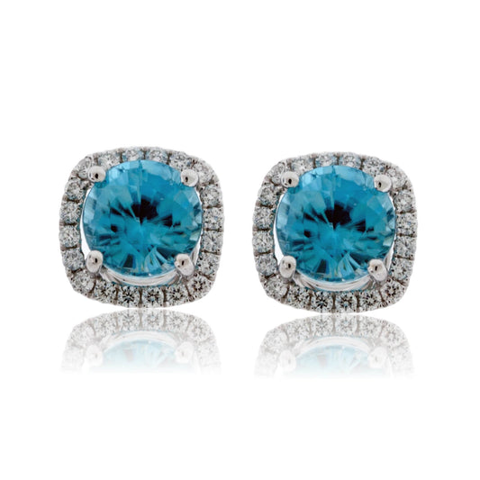 Blue Zircon Post Earrings with Diamond Halo - Park City Jewelers