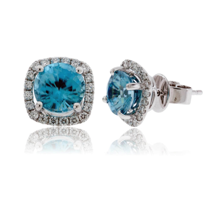 Blue Zircon Post Earrings with Diamond Halo - Park City Jewelers