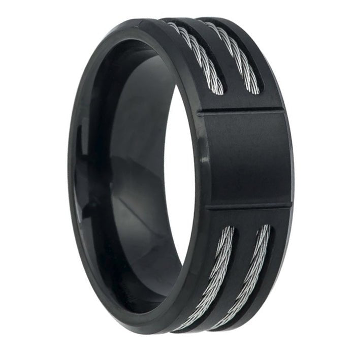 Brushed Black Titanium Ring with Double Cable Inlay - Park City Jewelers