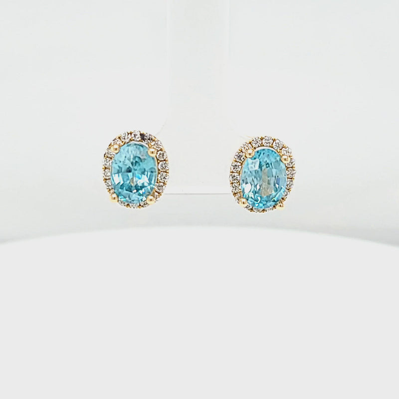 Oval Blue Zircon & Diamond Halo Stud Post Earrings