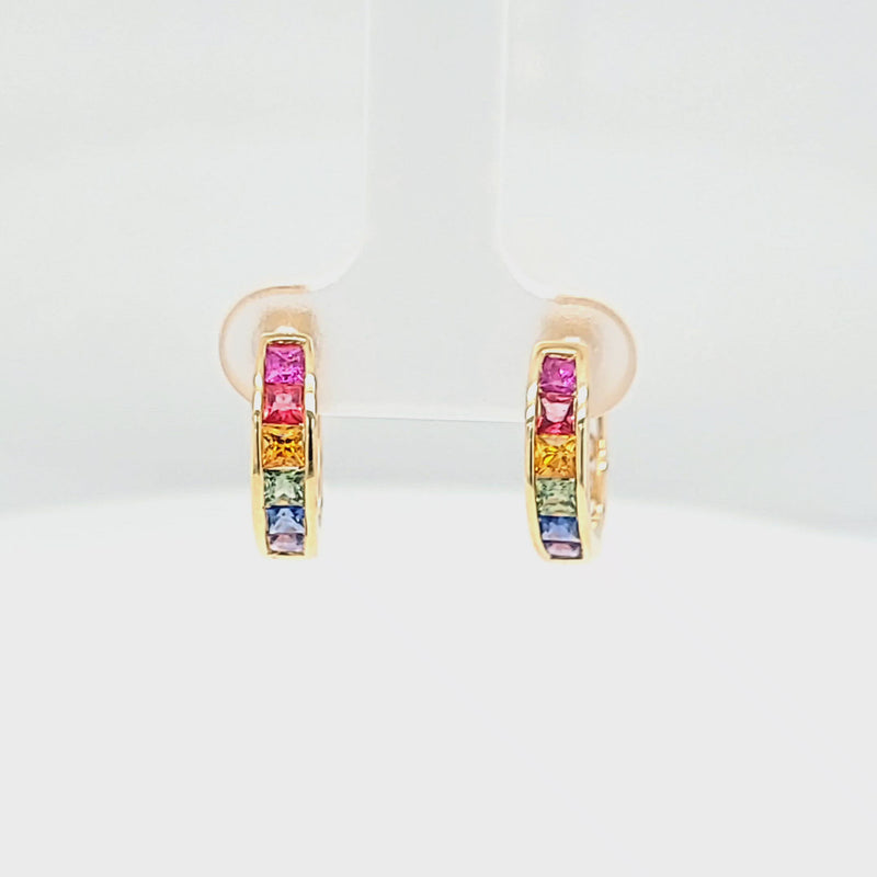 Channel Set Princess Cut Rainbow Sapphire Hoop Earrings