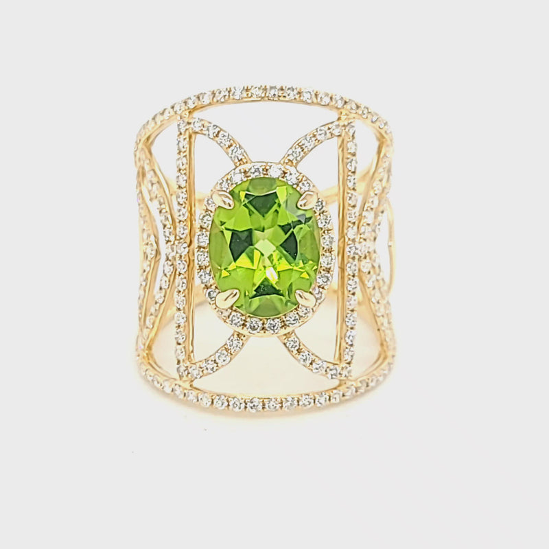 Oval Peridot & Wide Vintage Inspired Diamond Ring