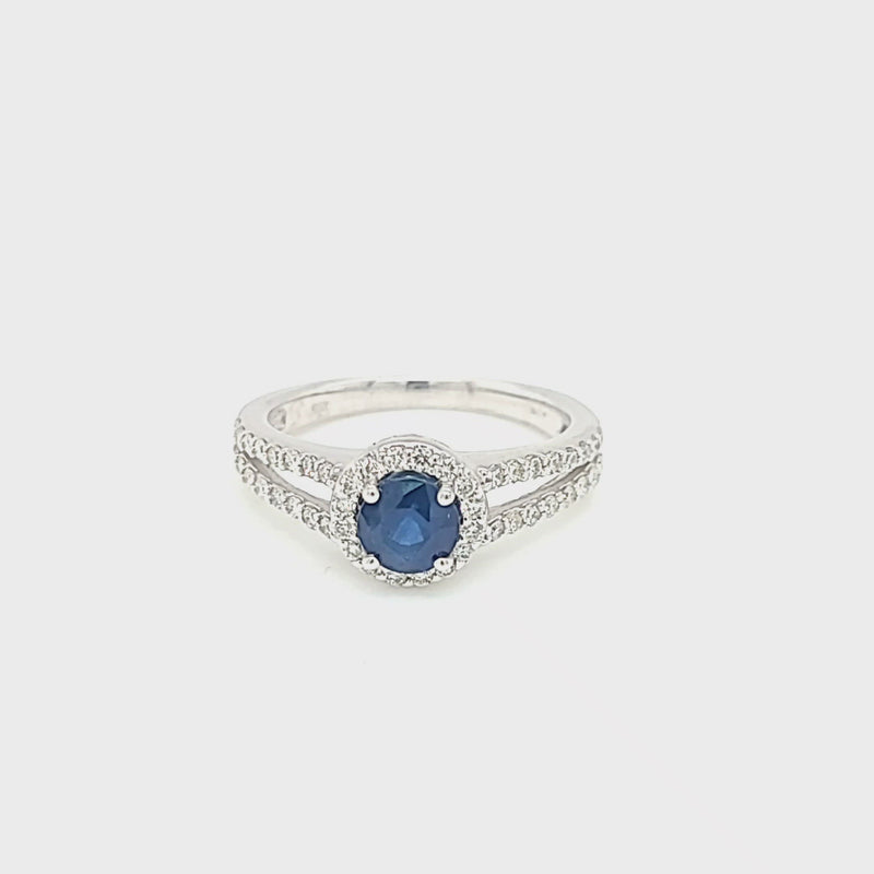 Round Blue Sapphire & Diamond Halo Split Shank Ring