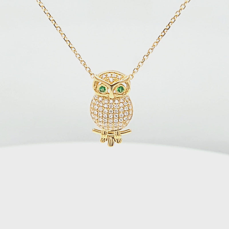 Green Tsavorite Garnet Eye & Diamond Owl Pendant