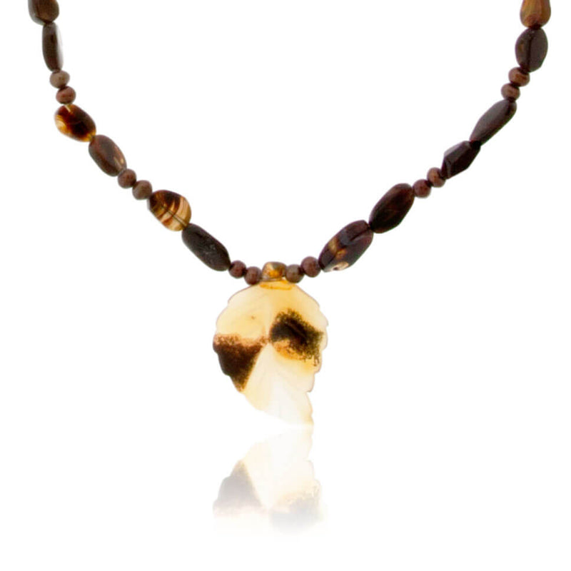 Carved Natural Spotted Agate Leaf with Fire Agate & Chocolate Pearls - Park City Jewelers