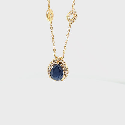 Pear Shape Sapphire Pendant with Diamond Halo & Diamond Accented Chain