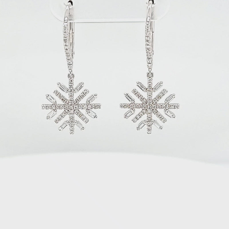 Round and Baguette Diamond Snowflake Earrings
