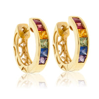 Channel Set Princess Cut Rainbow Sapphire Hoop Earrings - Park City Jewelers