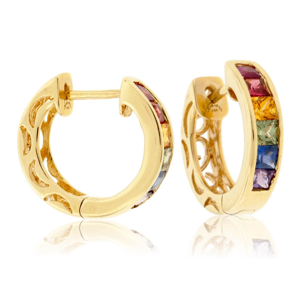 Channel Set Princess Cut Rainbow Sapphire Hoop Earrings - Park City Jewelers