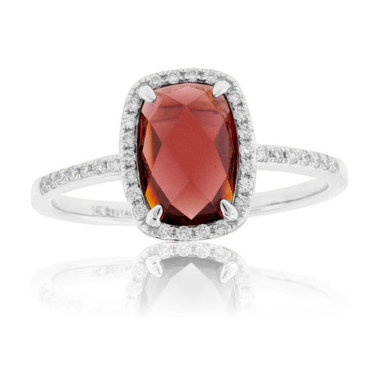 Checkboard Garnet & Diamond Halo & Diamond Lined Shank Ring - Park City Jewelers