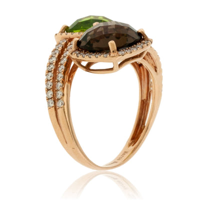Checkerboard Cut Peridot, Smoky Quartz and Diamond Halo Rose Gold Ring - Park City Jewelers