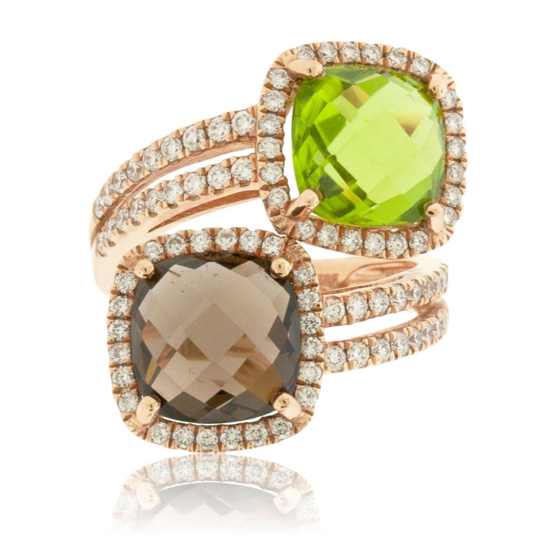 Checkerboard Cut Peridot, Smoky Quartz and Diamond Halo Rose Gold Ring - Park City Jewelers