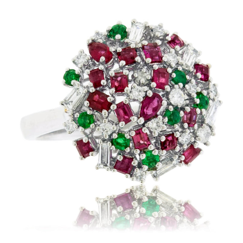 Cluster Style Red Emerald, Green Emerald and Diamond Accented Ring - Park City Jewelers
