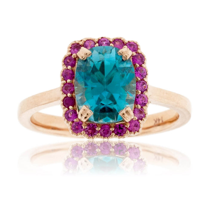 Cushion Blue Zircon & Pink Sapphire Halo Ring - Park City Jewelers