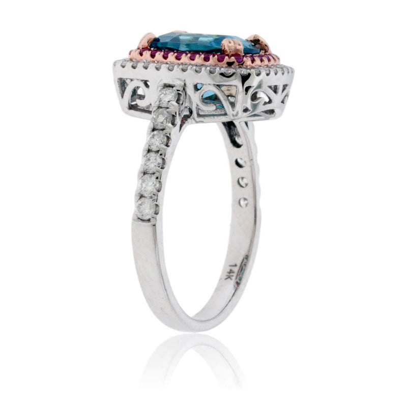 Cushion Blue Zircon with Diamond & Pink Sapphire Double Halo Ring - Park City Jewelers