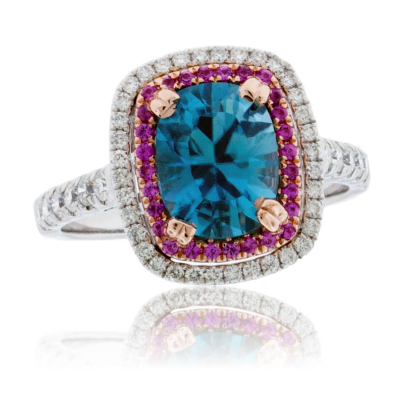 Cushion Blue Zircon with Diamond & Pink Sapphire Double Halo Ring - Park City Jewelers