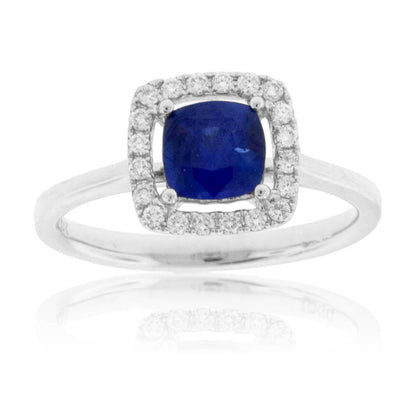 Cushion-Cut Blue Sapphire & Diamond Halo Ring - Park City Jewelers