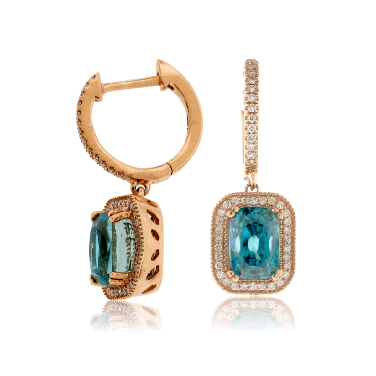 Cushion Cut Blue Zircon & Diamond Halo Dangle Earrings - Park City Jewelers