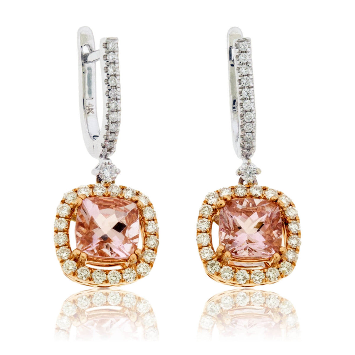 Cushion Cut Morganite and Diamond Halo Drop Earrings - Park City Jewelers