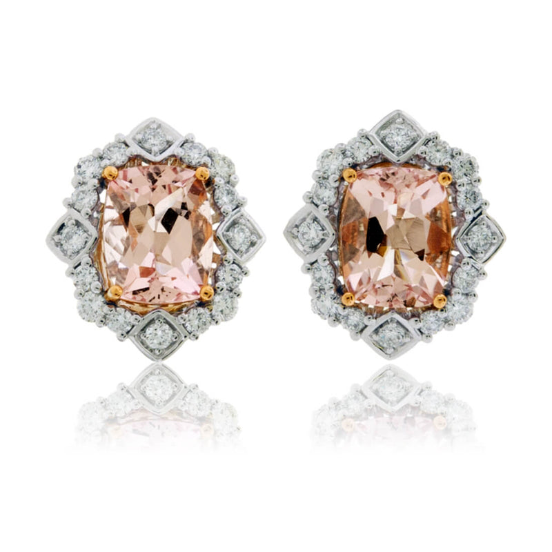 Cushion Cut Morganite & Diamond Vintage Inspired Halo Stud Earrings - Park City Jewelers
