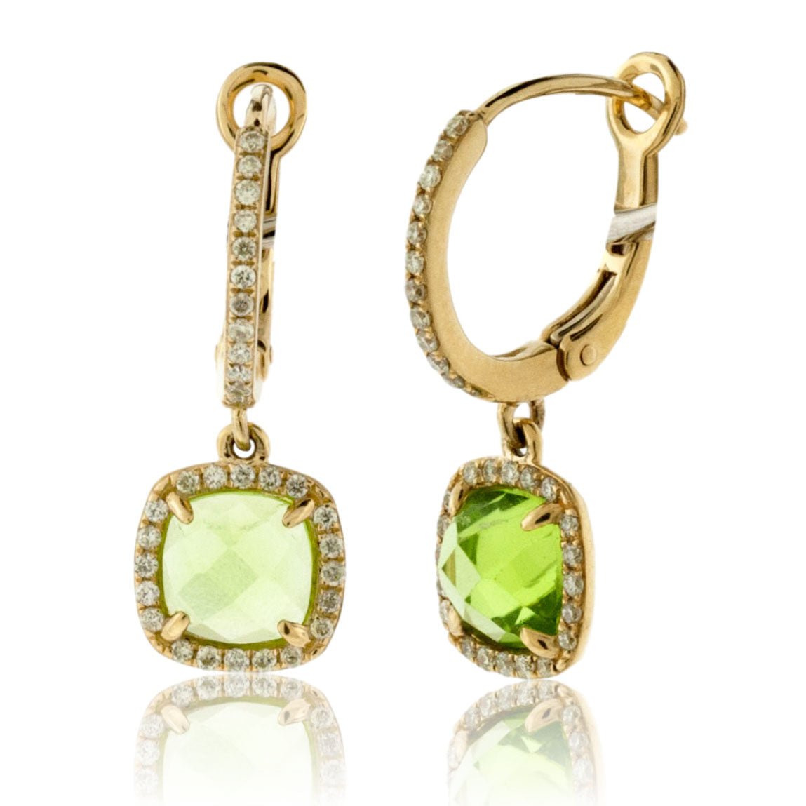 Cushion-Cut Peridot and Diamond Halo Drop Earrings - Park City Jewelers