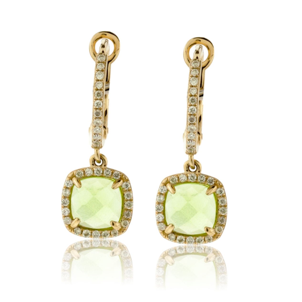 Cushion-Cut Peridot and Diamond Halo Drop Earrings - Park City Jewelers