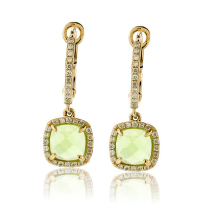 Cushion-Cut Peridot and Diamond Halo Drop Earrings - Park City Jewelers