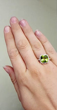 Cushion Cut Peridot and Vintage Halo Diamond Ring - Park City Jewelers