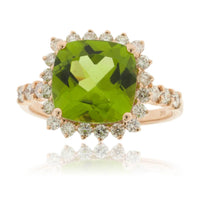 Cushion Cut Peridot and Vintage Halo Diamond Ring - Park City Jewelers