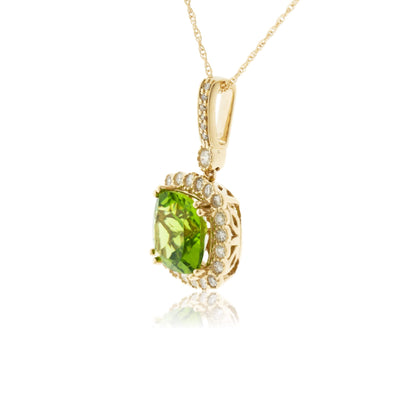Cushion Cut Peridot & Milgrain Style Diamond Halo Pendant - Park City Jewelers