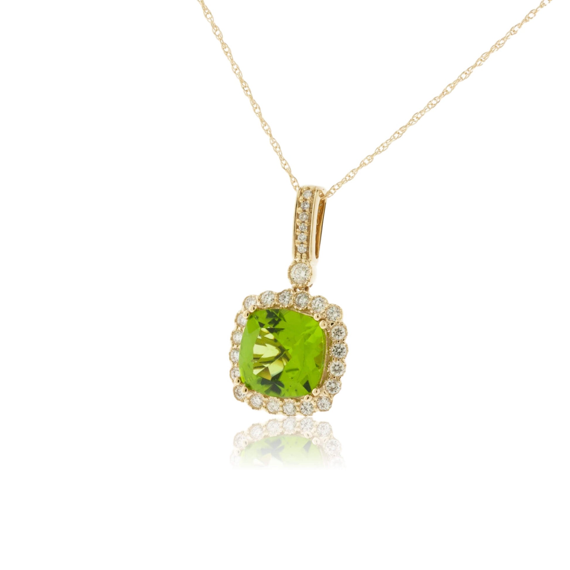 Cushion Cut Peridot & Milgrain Style Diamond Halo Pendant - Park City Jewelers