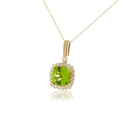 Cushion Cut Peridot & Milgrain Style Diamond Halo Pendant - Park City Jewelers