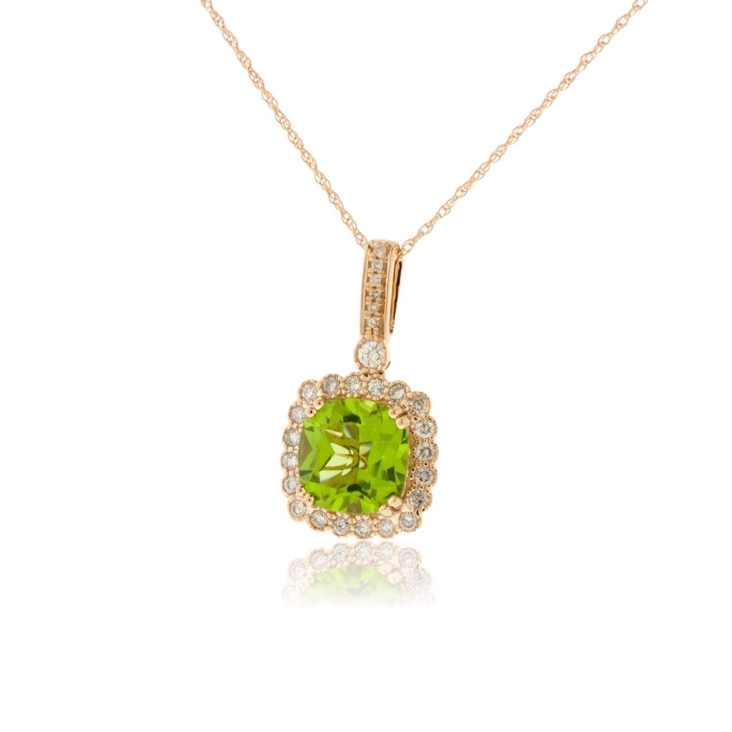 Cushion Cut Peridot & Milgrain Style Diamond Halo Pendant - Park City Jewelers