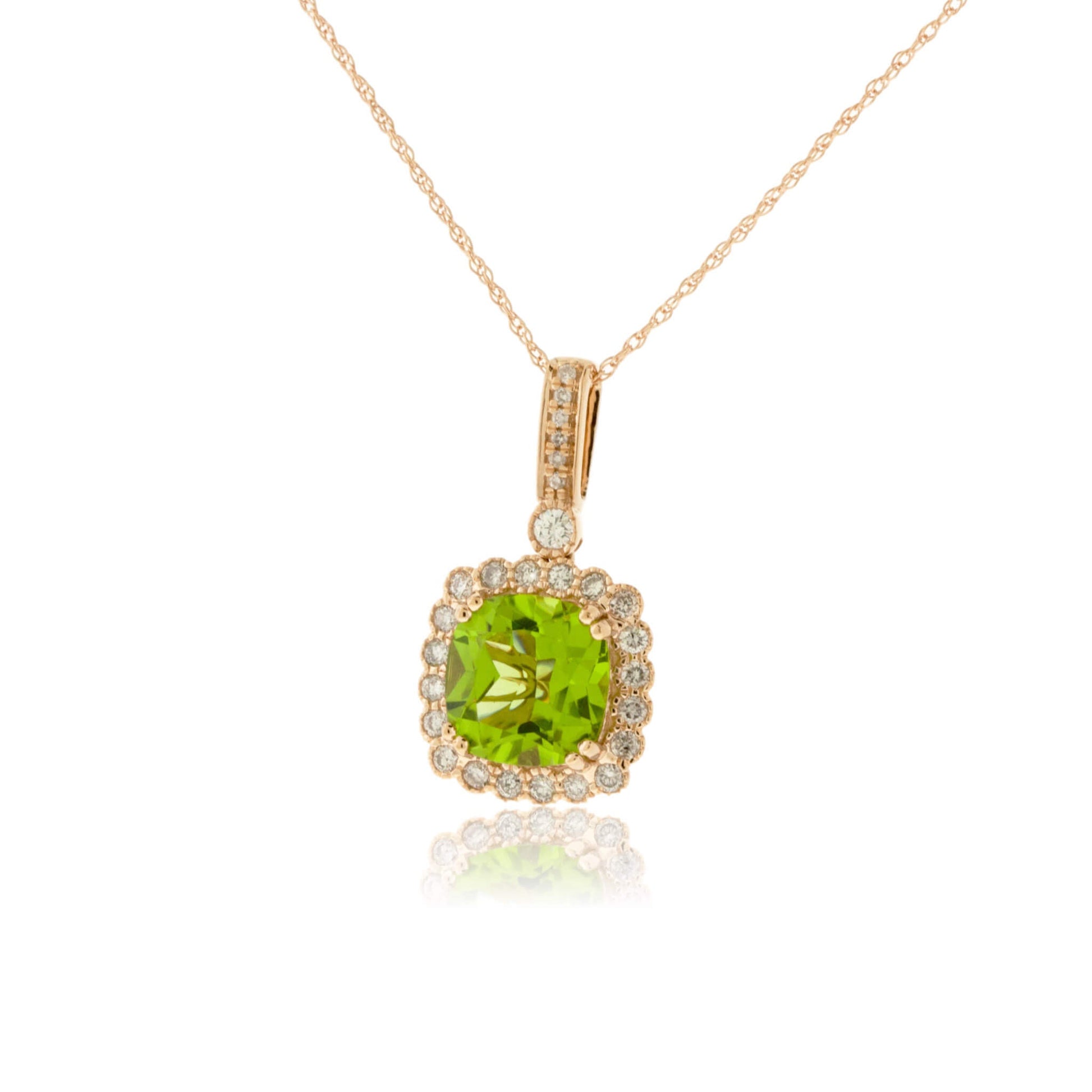 Cushion Cut Peridot & Milgrain Style Diamond Halo Pendant - Park City Jewelers