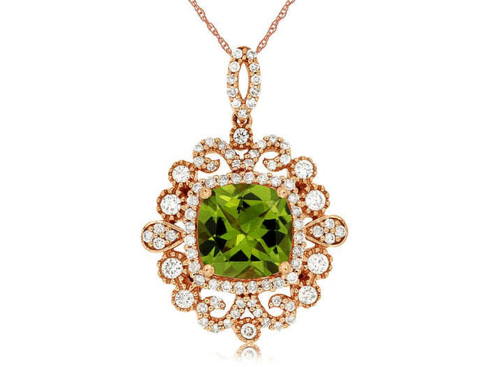 Cushion-Cut Peridot & Vintage Inspired Diamond Halo Pendant - Park City Jewelers