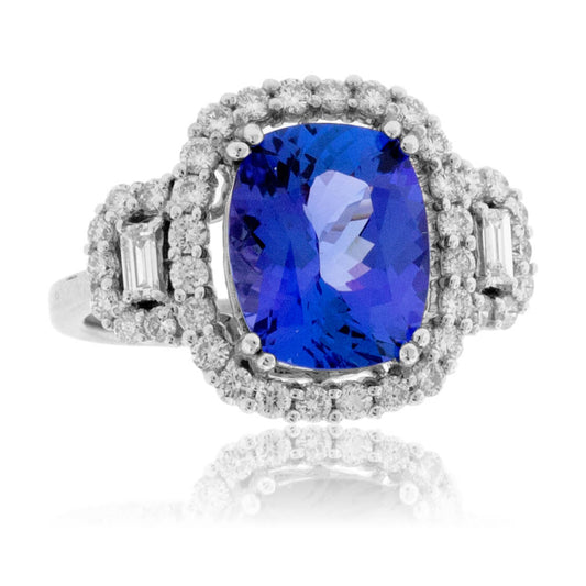 Cushion-Cut Tanzanite and Diamond Halo Three Stone Ring - Park City Jewelers
