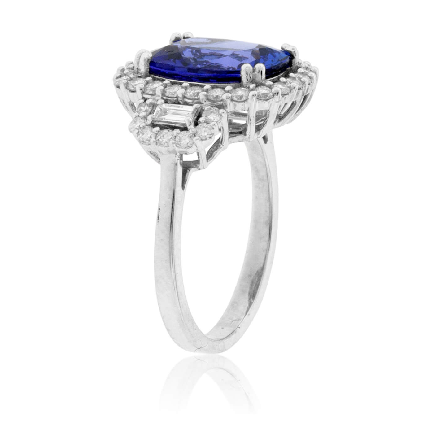 Cushion-Cut Tanzanite and Diamond Halo Three Stone Ring - Park City Jewelers
