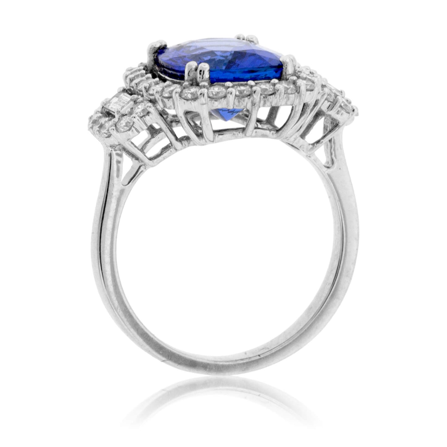 Cushion-Cut Tanzanite and Diamond Halo Three Stone Ring - Park City Jewelers