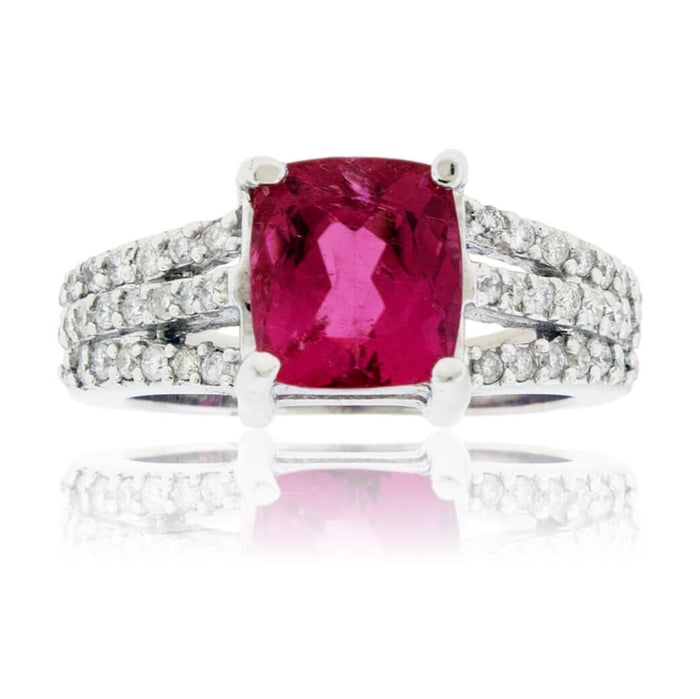 Cushion Pink Tourmaline Rubelite and Diamond Three Row Ring - Park City Jewelers