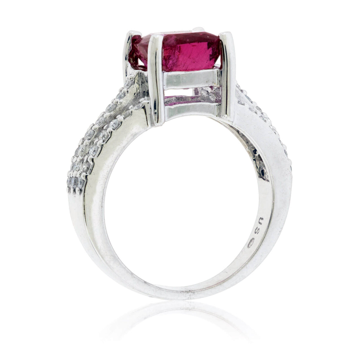 Cushion Pink Tourmaline Rubelite and Diamond Three Row Ring - Park City Jewelers
